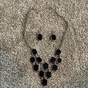 Elegant Navy Blue Hexagon Necklace and Earring Set